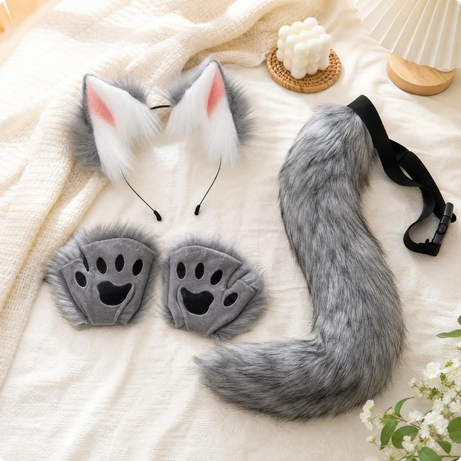 Adjustable Animal Cosplay Kit with Plush Ears Tail and Paw Gloves for Costume Party Fun