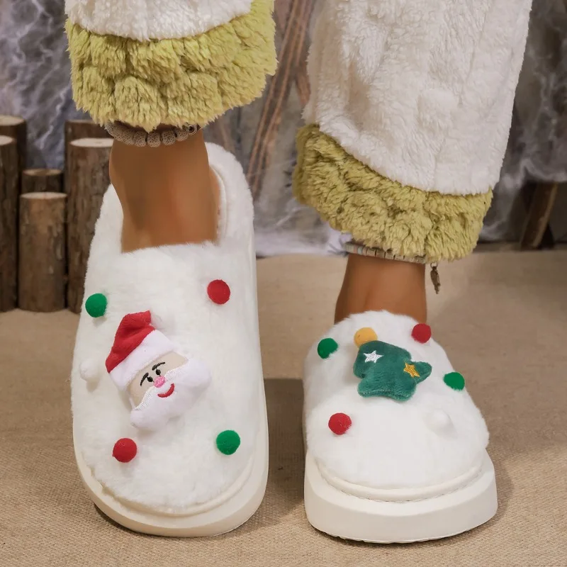 Zapatillas navideñas de invierno, zapatilla de piel de Papá Noel, cojín de felpa suave y cálido, toboganes para dormitorio, zapatillas de algodón para el hogar para hombre y mujer