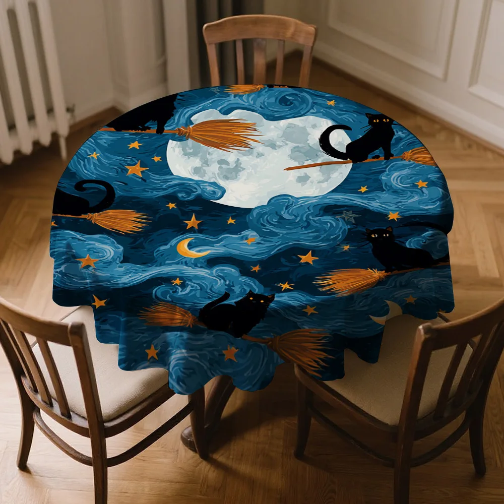 One Halloween-themed broom with a cat pattern in a round tablecloth - made of bright and colorful polyester fabric.zyc