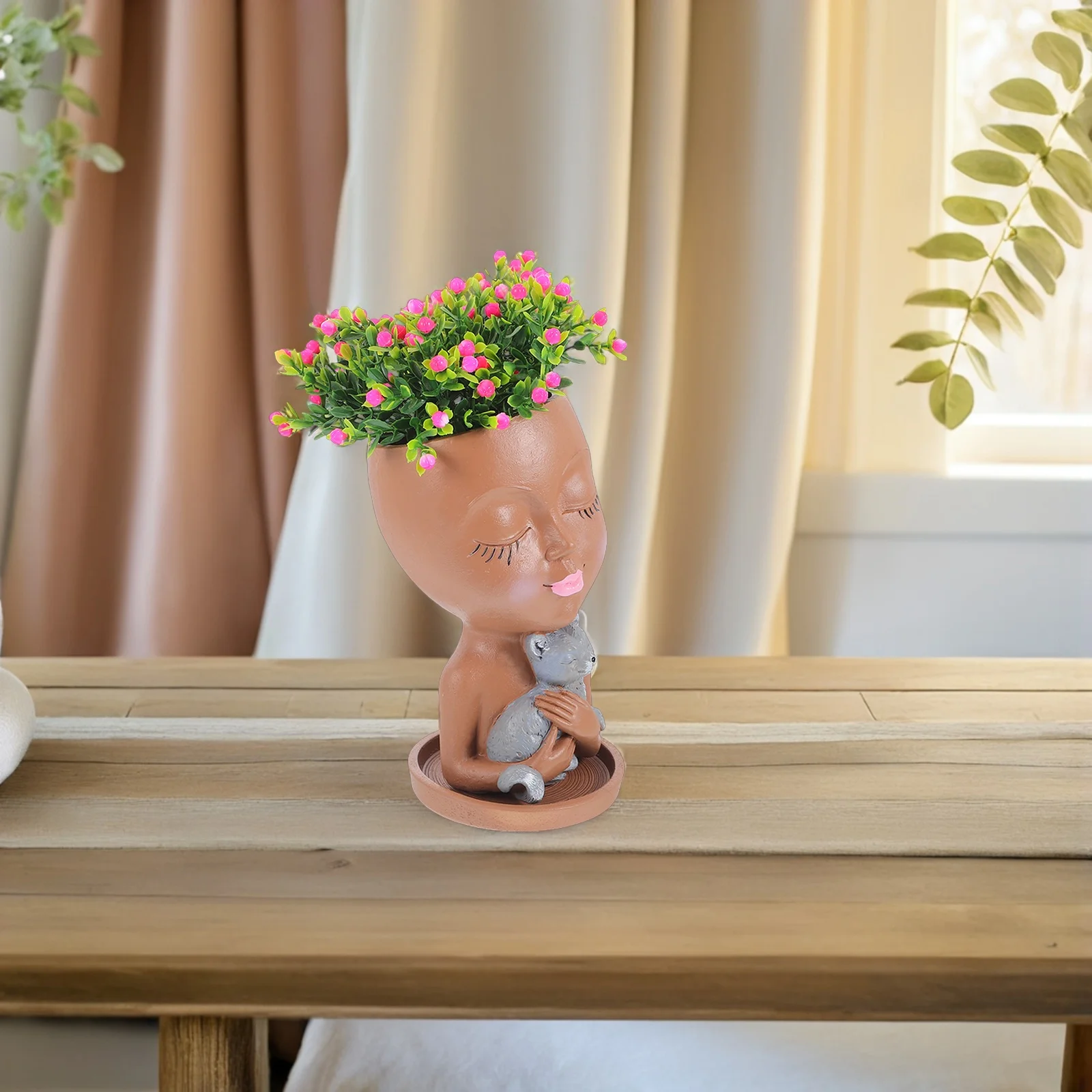 

Cute Girl Face Flower Pot Resin Cat Hugging Succulent Planter Drainage Hole Tray Indoor Outdoor Decorative Plant Pot