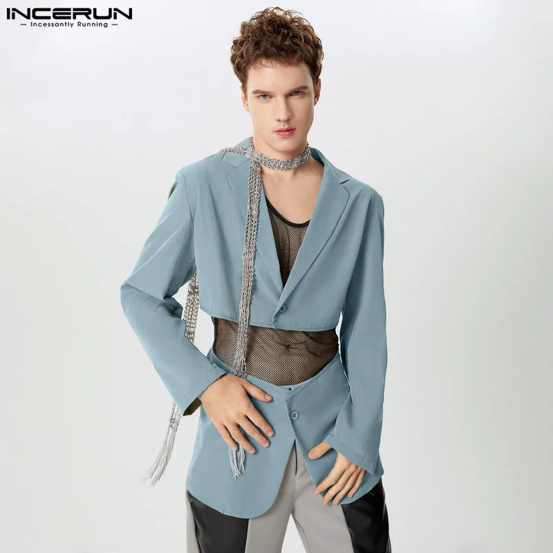 INCERUN Men Blazer Solid Color Hollow Out Lapel Long Sleeve Button Casual Irregular Suits Men Streetwear 2024 Fashion Male Coats