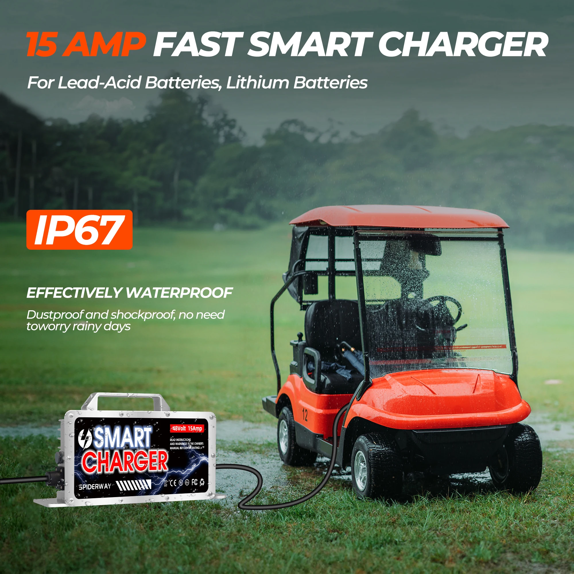 48 Volt 15 AMP Golf Cart Smart Battery Charger with D Style Plug for EZGO TXT Golf Cart