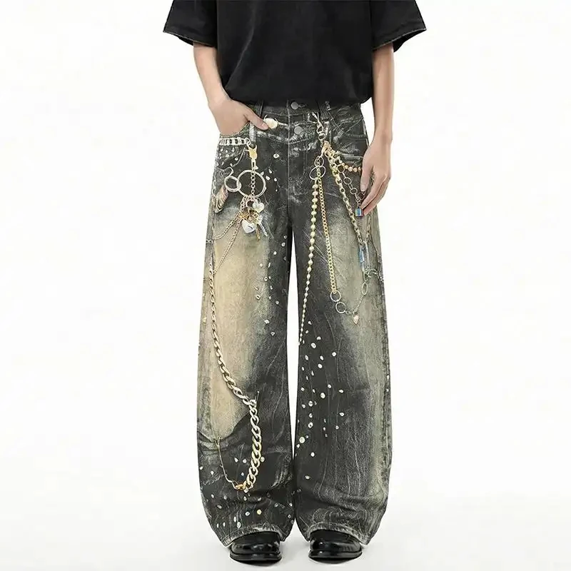 

2026 Summer Floral Season American Style Chain Print Jeans For Men Vintage Washed Casual Straight Leg Denim Pants High Street St