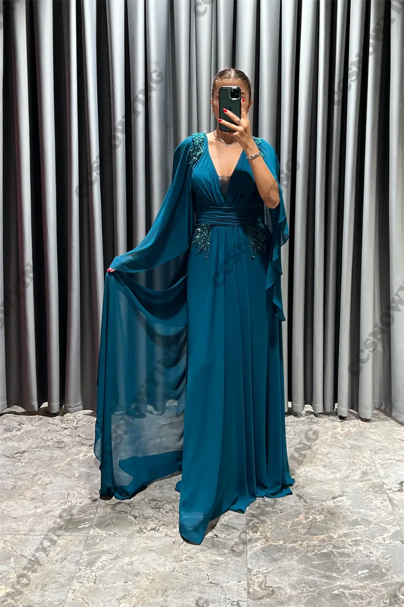 Robe de Soirée en Mousseline de Soie pour Femme, Tenue à Manches sulf, Col en V, Style Arabe, Cafatn, 123