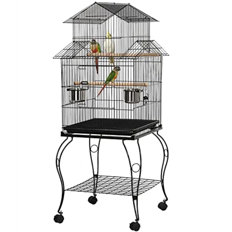 Budgie Cage for Cockatiels Sun Parakeets Green-cheeked Conures Macaw: 55-inch Rolling Standing Triple Roof Medium Bird Cage wit