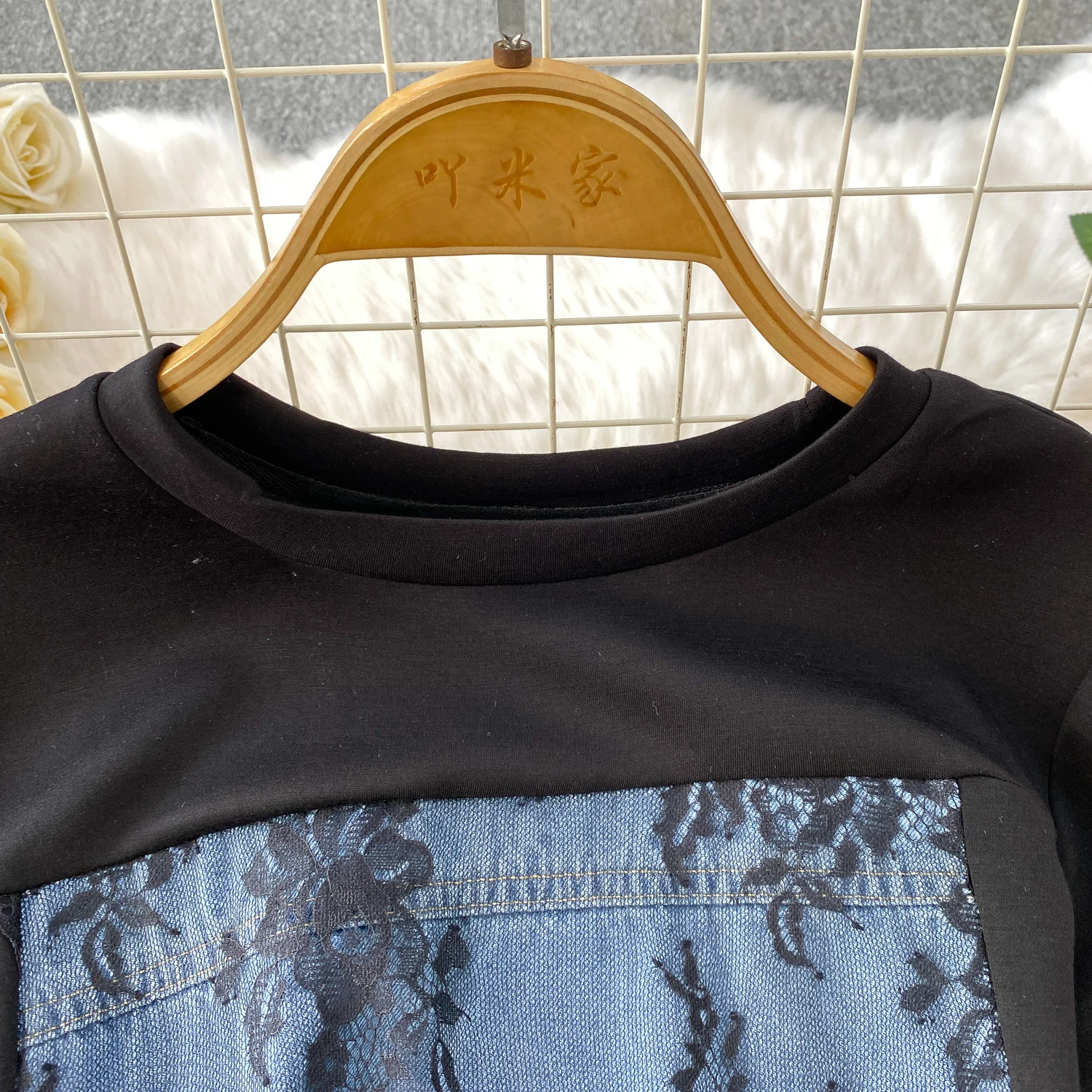 Female Fashionable High Waisted Split Denim Long Lace Patchwork Round Neck T-Shirt Dress