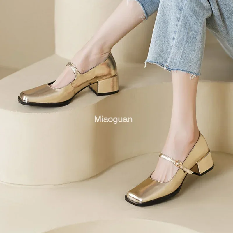 Mary Jane Shoes 2024 New Woman Spring Summer Block Heels for Women Square Toe Elegant Medium Heel Korean Gold Silver Formal Shoe