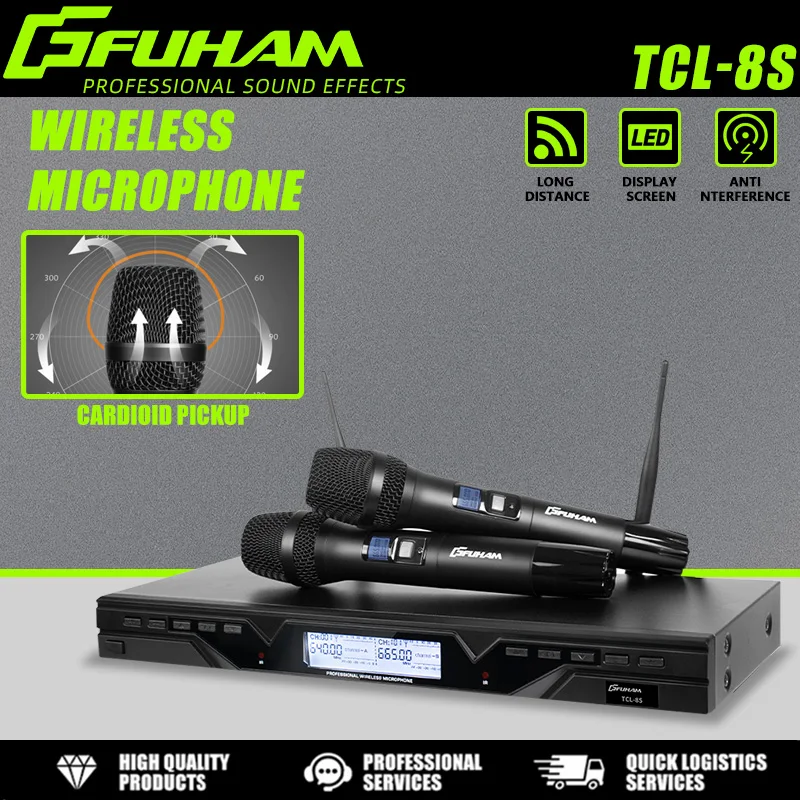 FUHAM TLC-8S ميكروفون لاسلكي 2-قناة جميع المعادن المهنية ميكروفون لاسلكي UHF مرحلة الأداء ميكروفون