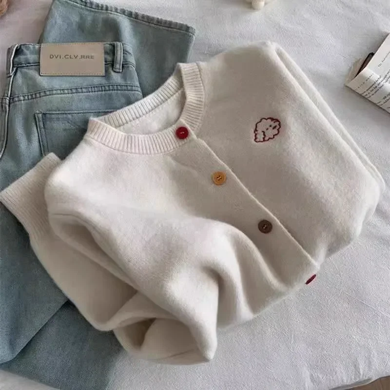 

Нежный вязаный кардиган в стиле ретро с вышивкой щенка и красочными пуговицами, женский осенний свитер, куртка