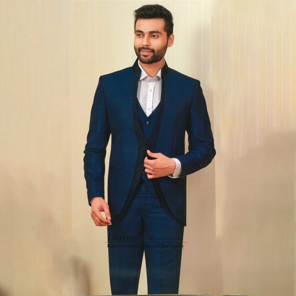 

Vintage Jacquard Wedding Suits For Men Stand Collar Groom Tuxedos Slim Male Prom Blazers 3 Pieces Sets Groomsmen Costume Homme