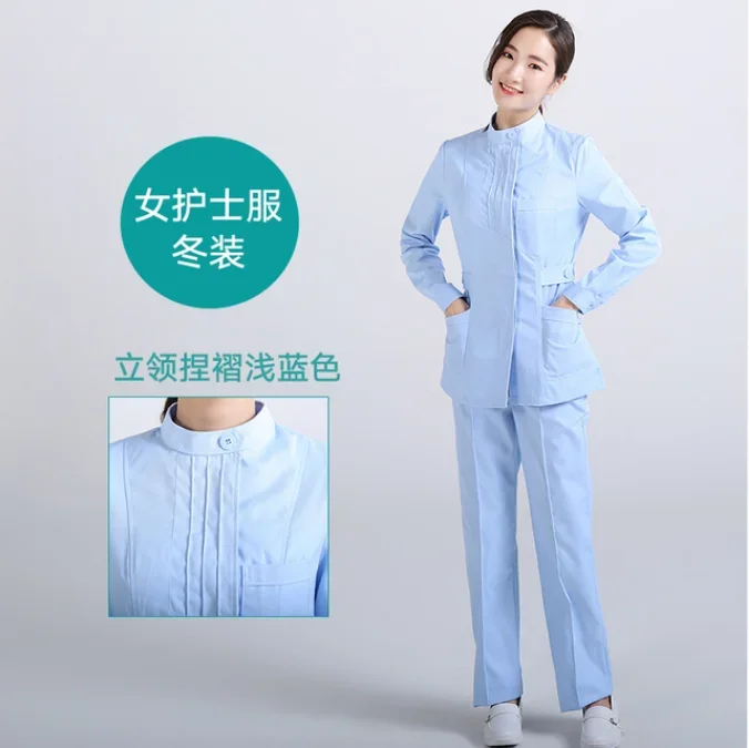 Nurses wear long-sleeved spring women's stand collar split suit powder green white beauty clothes pharmacy overalls