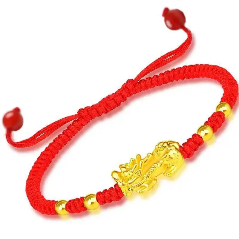 Handmade Braided Lucky Red Black Rope Gold Color Pixiu Bracelets for Lover Buddhist Luck Knots Wristband Health Bracelet Jewelry