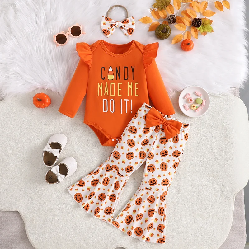 

Suefunskry Baby Girls Halloween Outfits Letter Print Long Sleeves Romper and Pumpkin Print Flared Pants Headband 3 Piece Clothes