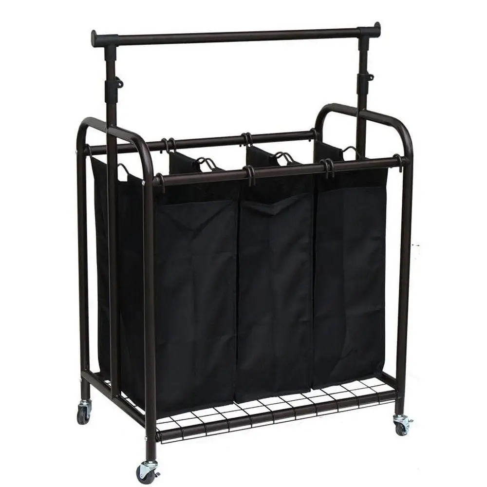 Metal Rolling Laundry Sorter with Adjustable Hanging Bar 3-Bag Black Rectangular Big Families Dorms Apartments Smooth Mobility