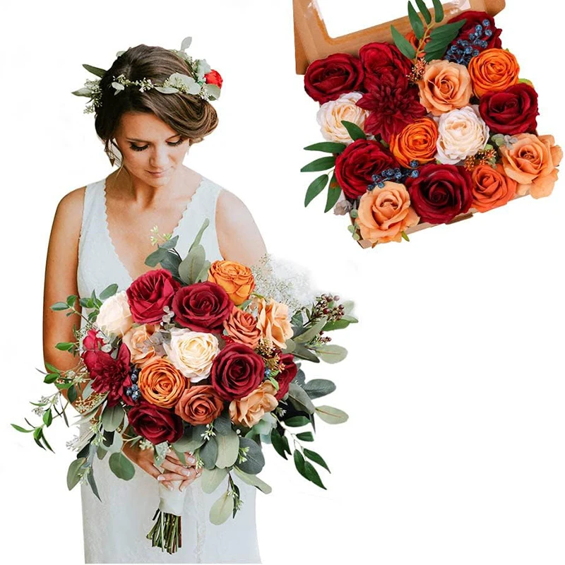 Yannew Burnt Orange Artificial Roses Flower Combo Box Set for DIY Fall Autumn Boho Wedding Bridal Bouquet Arrangement Decoration