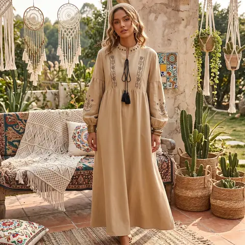 Vintage Spring Autumn 2026 Women Retro Floral Emberoidered Lantern Sleeve Beach Bohemian Maxi Dress Lady Boho Dress Robe