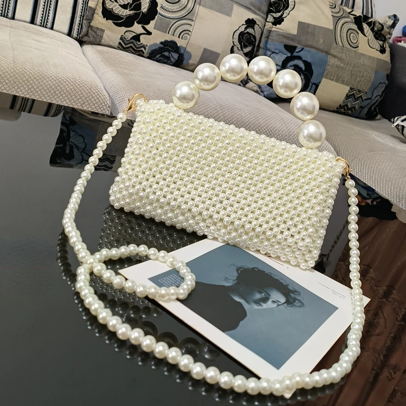 

Beaded Woven Bag Female Luxury Pearl Tote Crossbody Bags for Women Party Evening Hand Bags Ladies Holiday Shoulder Bag