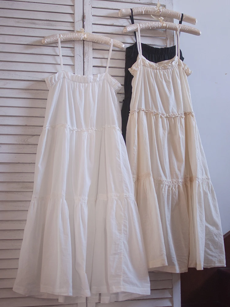 Japanese Style  Pure Cotton Strap Lace Trim Long Dress White Artistic Women's Dress Summer New A-Line Skirt High Waist