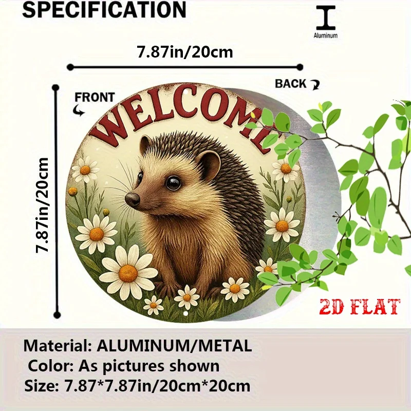 2D Flat, 1pc Vintage Welcome Hedgehog & Daisy Metal Wall Decor - Rustic Farmhouse Round Sign with Cute Hedgehog, Red Welcome L
