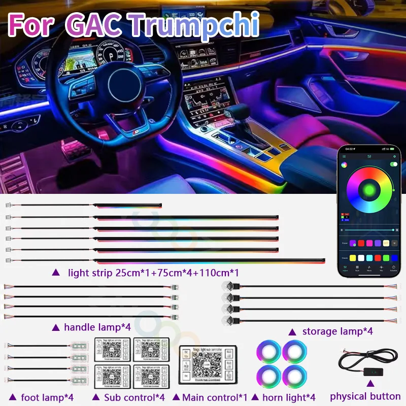 RGB 22in1 Car Interior Acrylic Car Ambient Lights For  GAC Trumpchi Aion GS8 GS4 GS3 Car Lighting Strips Accessories