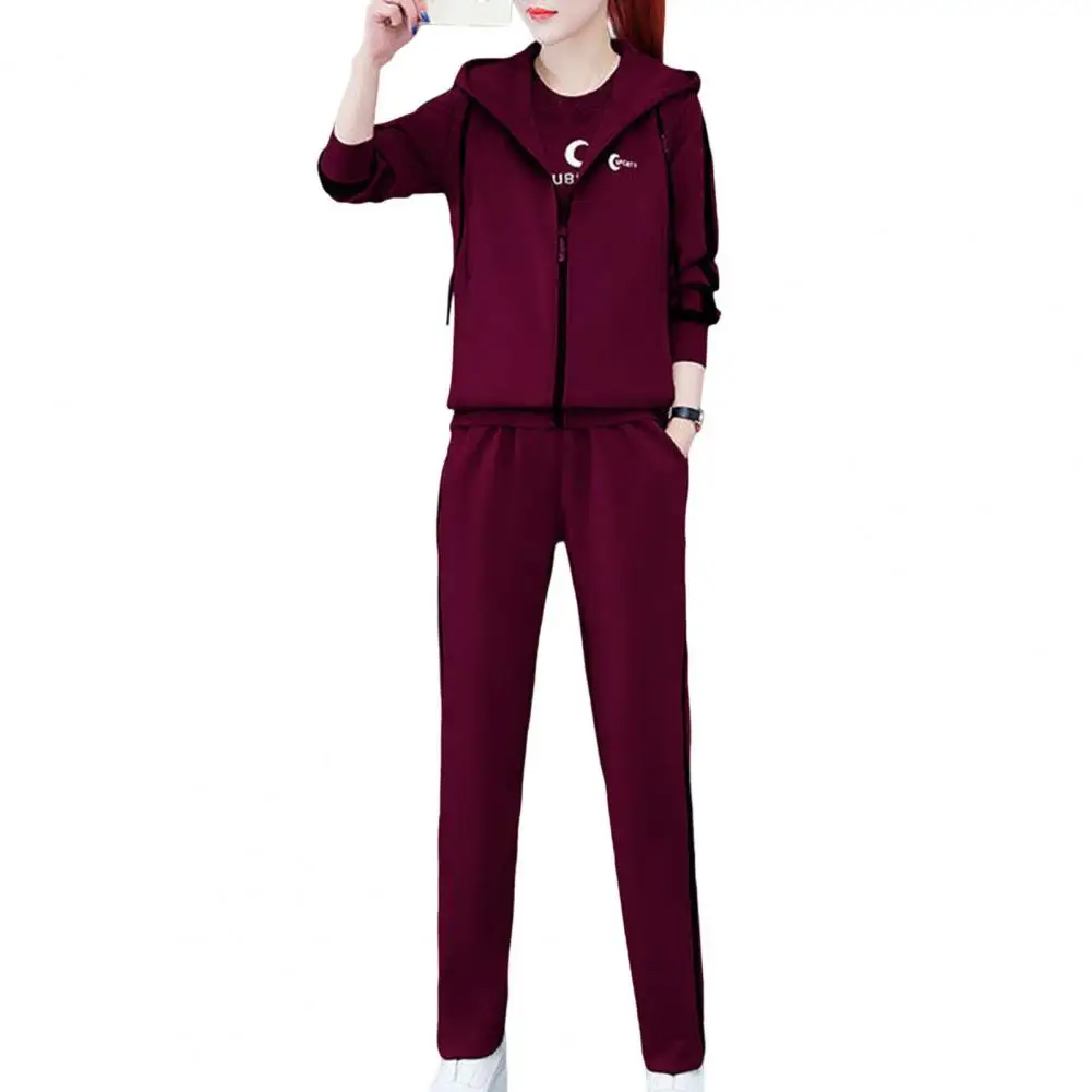 3Pcs Women Sweatshirt Pants Set Round Neck Big Pocket Design Autumn Letter Print Top Vest Pants Zipper Tracksuit