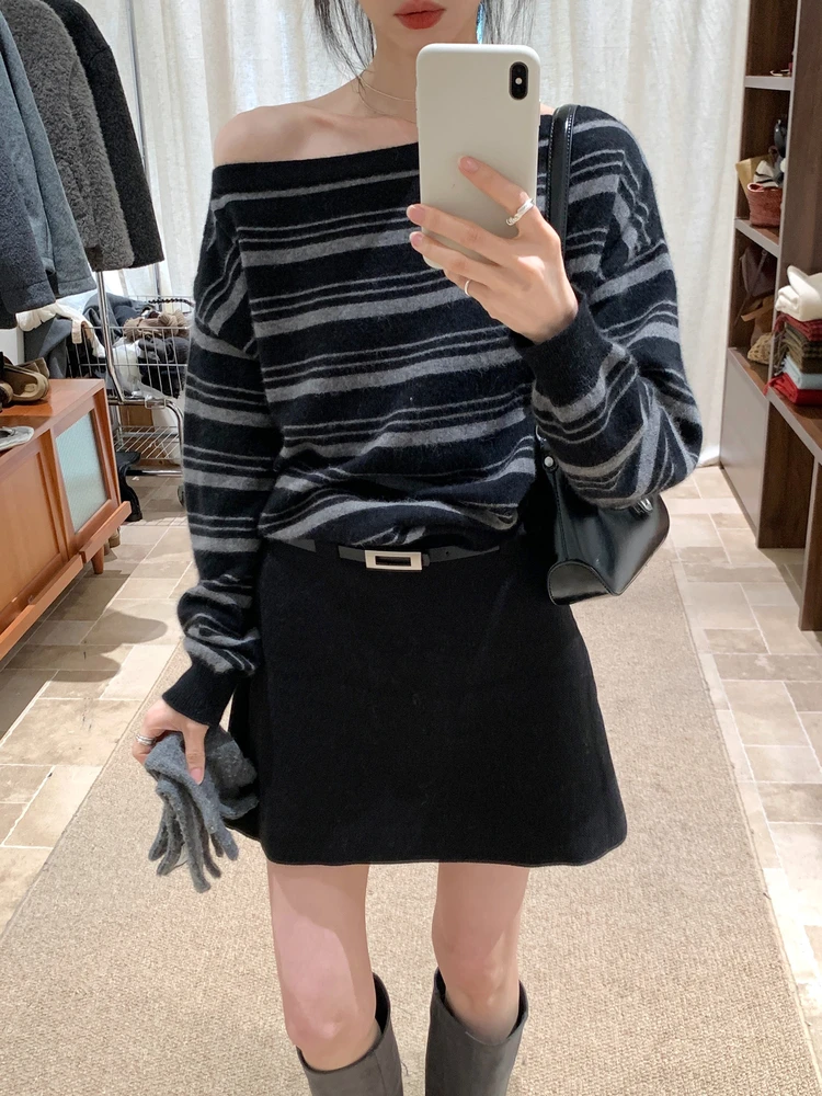 

Женский вязаный свитер BRIVIN в корейском стиле, с открытыми плечами, повседневный, свободный, стройнящий, длинный рукав, осень-зима, новинка