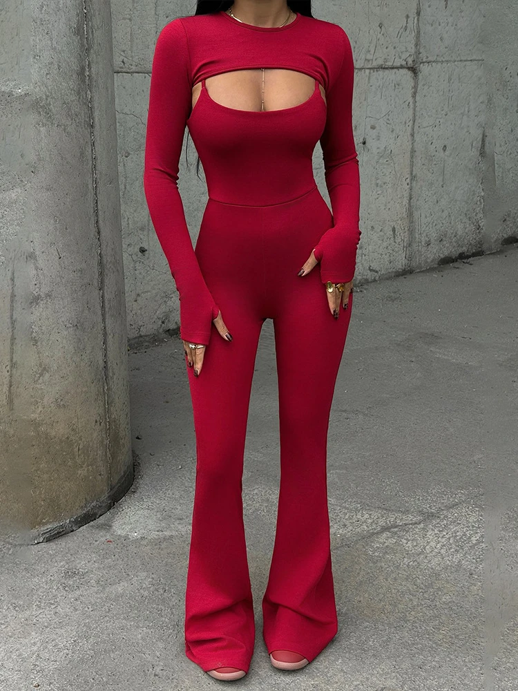 

Absobe Cut Out Shawl Top Tank Jumpsuit Women Crew Long Sleeve Slim Casual One-piece Flare Pants Leisure Suit Hottie Streetwear