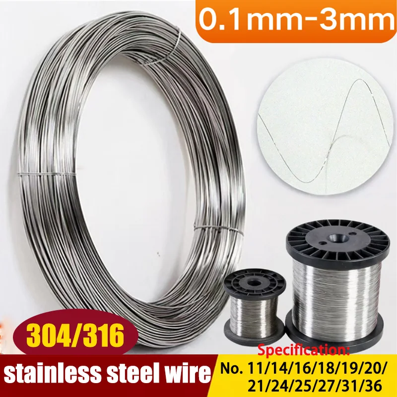 304 Stainless Steel Single Wire Rope Soft Hard Steel Wires 0.1mm/0.2/0.3/0.4/0.5/0.6/0.8/1-3mm Craft Jewelry Bonsai Shiny Thread