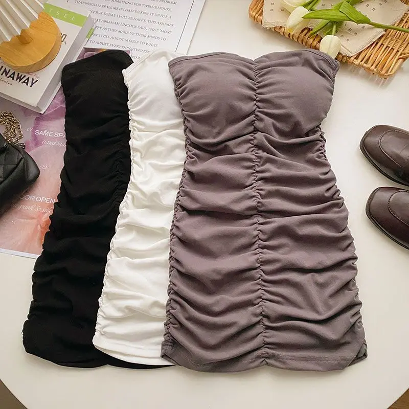 2026 Summer Women Sexy Ruched Chest Pad Tube Top Dress Korean Slim Waist All Match Casual Party Bodycon Dresses Vestidos