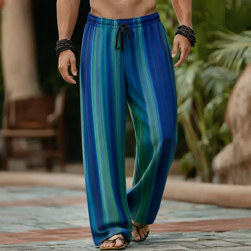 Men's 3D Geometric Striped Gradient Casual Pants, Baggy Mid Waist, Elastic Drawstring Waist, Spring Summer