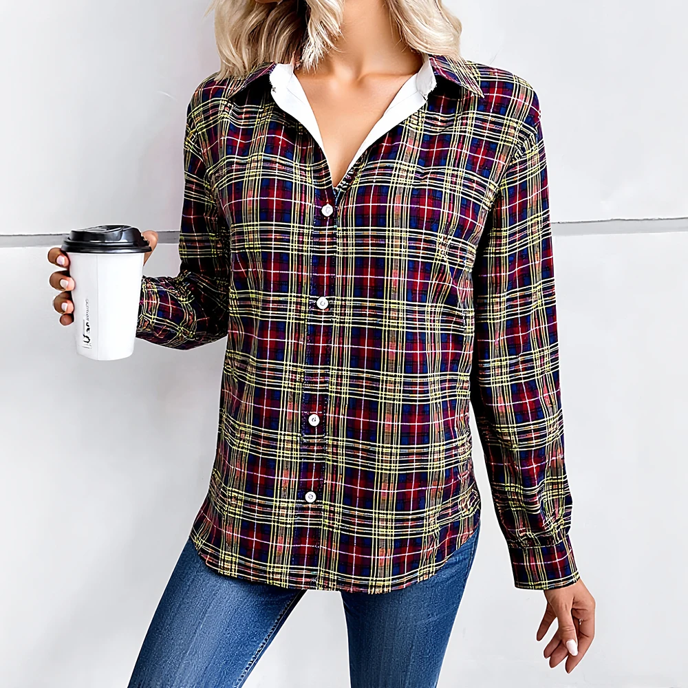

Mia Muse Select Autumn Shirts 2025 Women's Ventilate Plaid Long Sleeve Shirt Collar Fitting Slim Vacation Shirts
