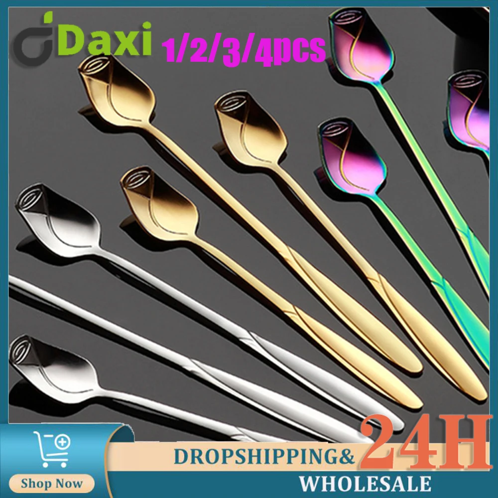 Long Handle Stainless Steel Coffee Spoons Rose Stirring Spoon Teas Coffee Flower Shaped Spoons For Picnic Stirring Kitchen Tool 