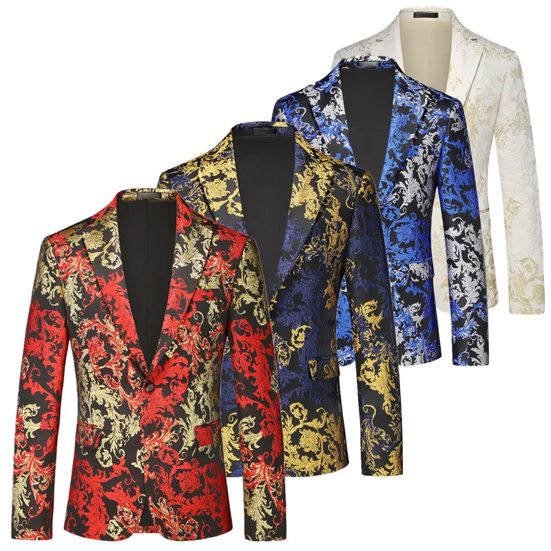 

Роскошный жаккардовый костюм, пиджак на одной пуговице, красный/синий/золотой модный мужской свадебный костюм для выпускного вечера, платье с цветочным принтом, блейзер