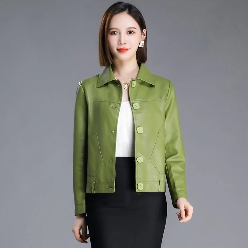 Pop-chaqueta de cuero PU para mujer, abrigo corto de cuero, ajustado, con botones y cuello vuelto, color verde, primavera y otoño