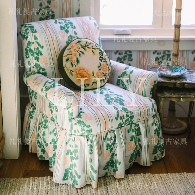 Vintage Solid Wood Sofa Chair Pastoral Fabric Single Seat Small Floral Armchair Living Room Furniture