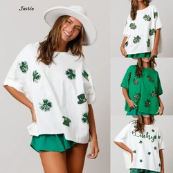 2024 Spring New Clover Hat Sequin Top Cotton Comfort Tshirt Short Sleeve Loose T-shirt For Women