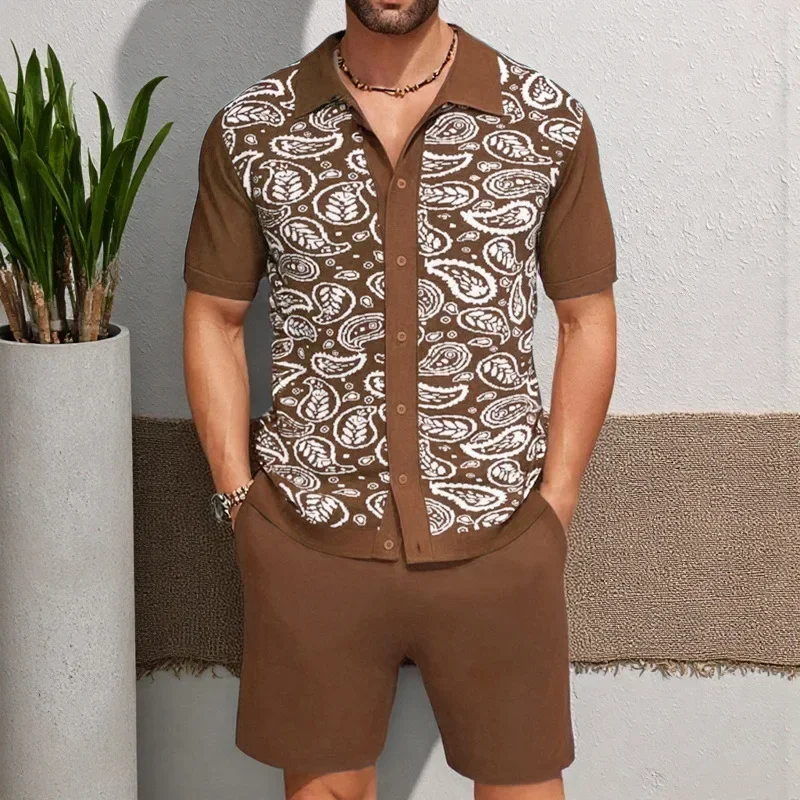 Summer Fashion Men's Brown Casual Trendy 2 Piece Sets Short Sleeve Turn-down Collar Single-breasted Shirts Knee Length Shorts