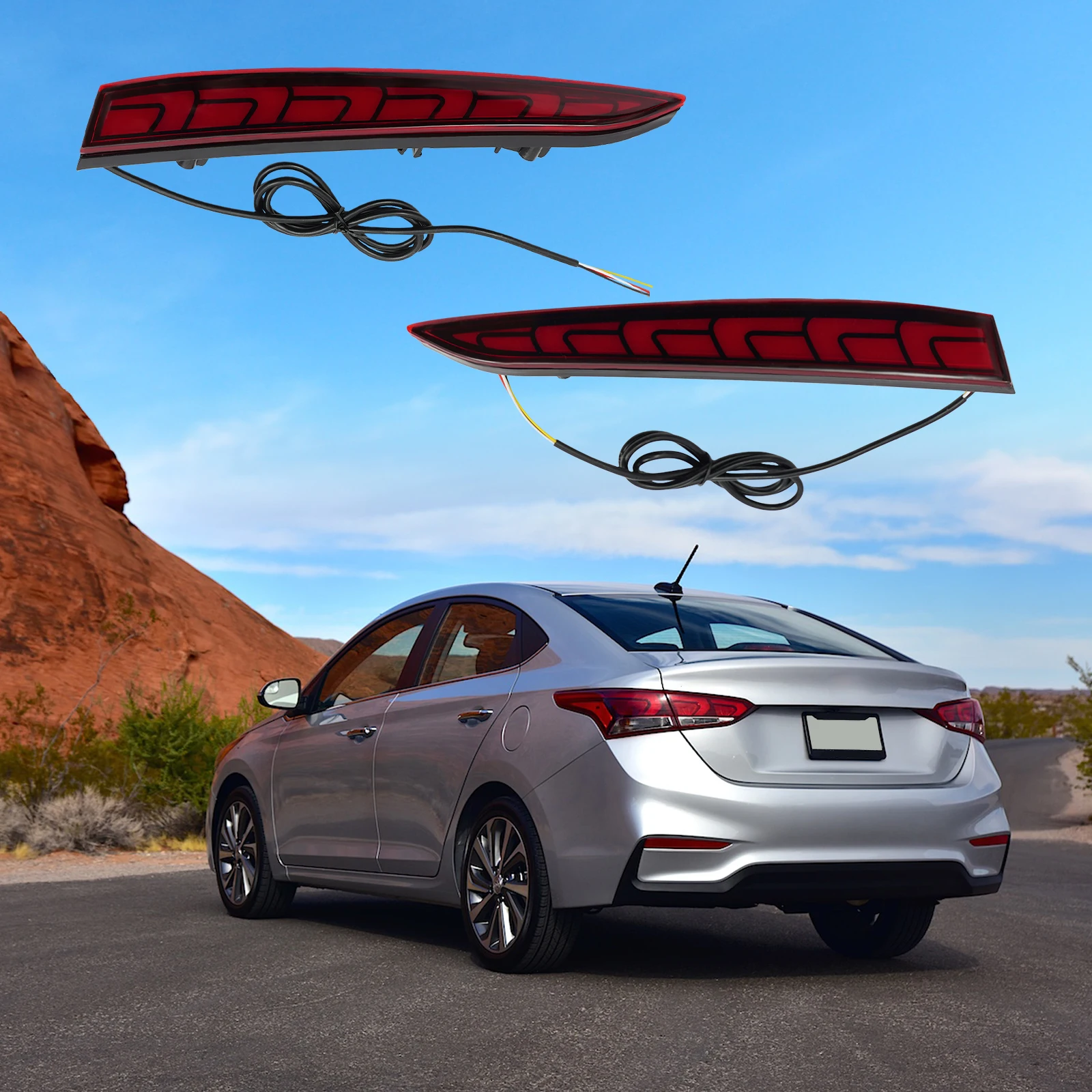 

Светодиодный отражатель заднего бампера для Hyundai Accent 2018-2022, левый и правый 3-в-1, стоп-сигнал поворота, лампа дальнего света, красный, черный