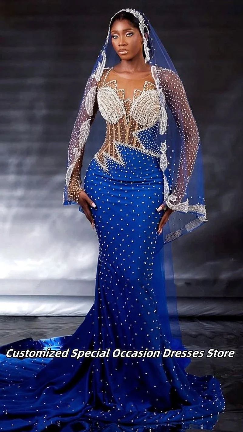 فساتين سهرة رائعة باللون الأزرق الملكي مع حجاب مصنوع يدويًا مطرز طويل حورية البحر فستان حفلات الزفاف فستان نسائي فاخر مخصص