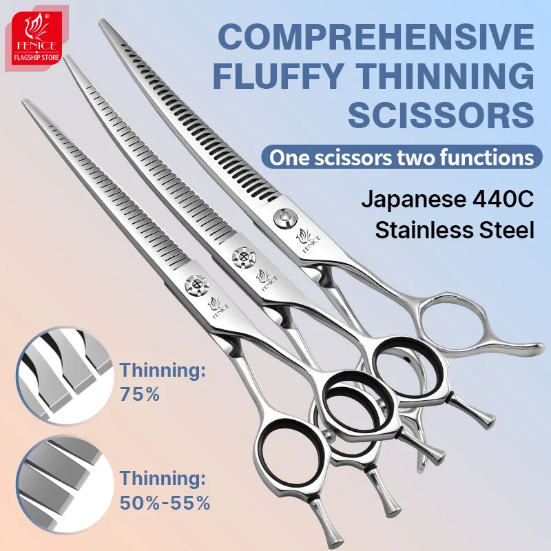 Fenice High Grade JP440C 7.0/7.5 Inch Comprehensive Curved /Straight Fluffy Chunker Scissors Two functions Reverse Blades Shears