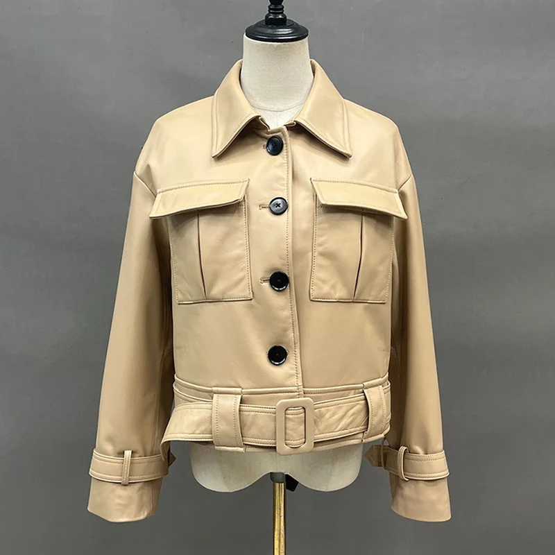 

2023 New Genuine Sheepskin Leather Jacket Lady Fashion Moto Crop Jacket Women Short Coat Real Sheepskin FG5772