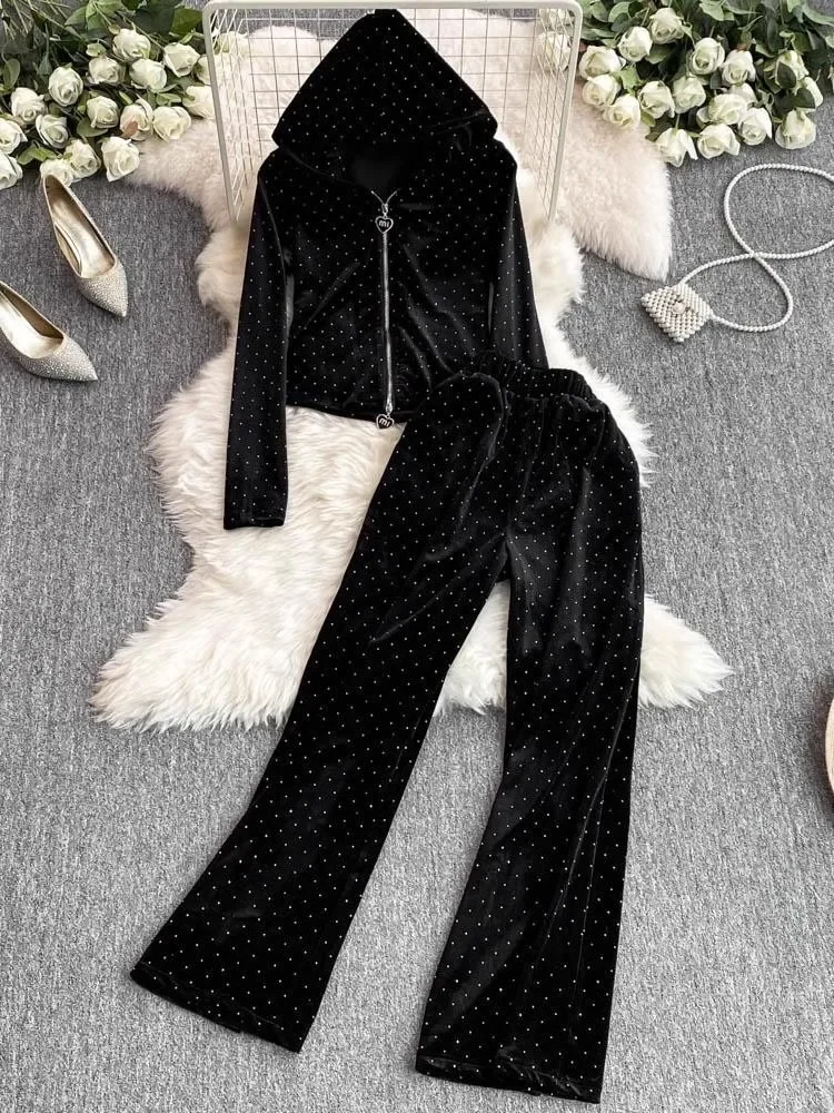 Korean Velvet Suit High Quality Fashion Y2k Hooded Zipper Jacket Casual High Waist Hot Drill Straight Trousers 2-Piece Set Women