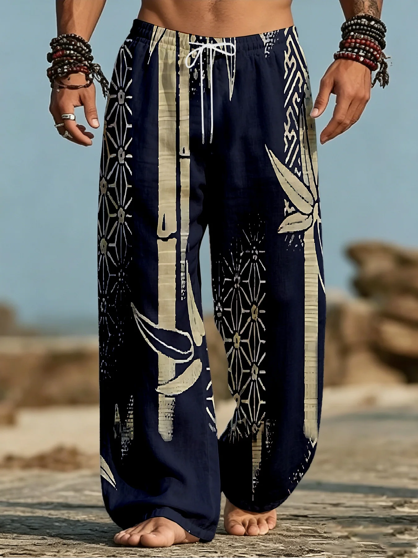 New Men'S Long Pants, Bohemian Print, Loose Straight-Leg Trousers Young Men, Ideal for Travel, Wrinkle-Resistant