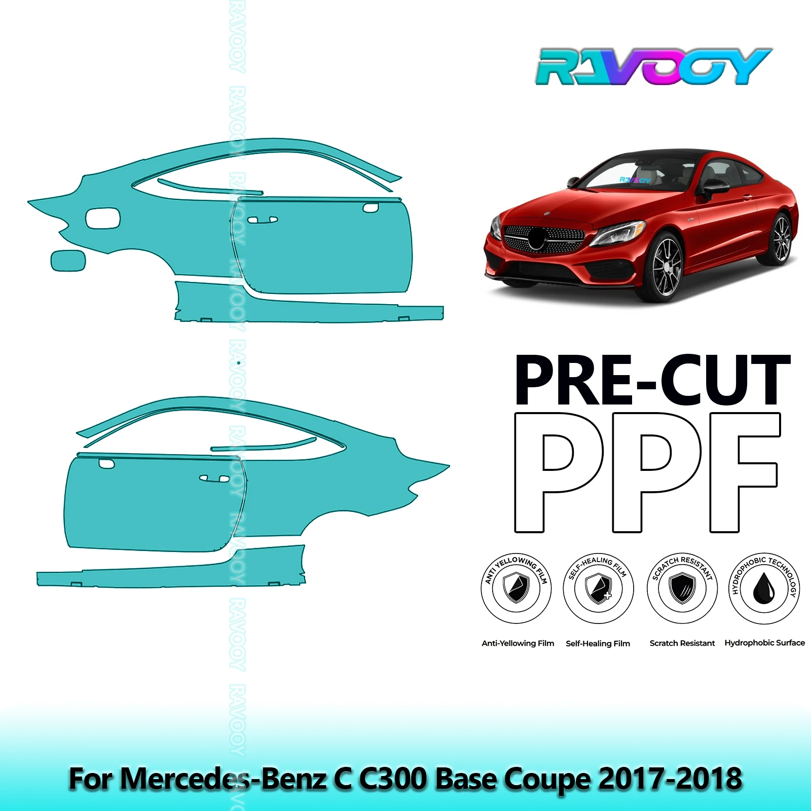 

For Mercedes-Benz C C300 Base Coupe 2017-2018 8.5mil Clear Matte Pre-Cut PPF Door & A/B Pillar Kit TPU Paint Protection Film Set