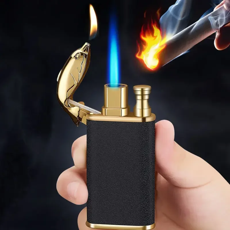 Double Fire Butane Lighter Metal Crocodile Blue Flame Cool Lighters Inflatable Windproof Open Fire Torch