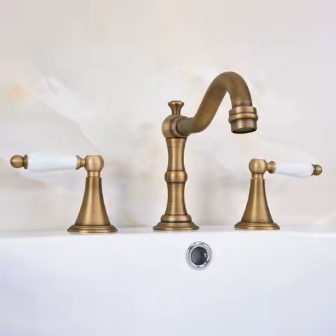 Vintage Retro Antique Brass Double Handle Three-hole Deck Mount Widespread Bathroom Basin Faucet / Bathtub Mixer Tap Lan084