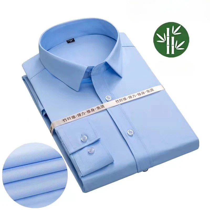 8XL Bamboo Fiber Formal Office White Shirt Man Long Sleeve Solid Color Classic Plaid Striped Work Man Shirts Long Sleeve Casual