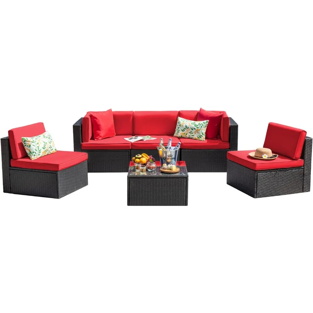

Patio Furniture Sets 6 Pieces Outdoor Sectional Rattan Sofa Manual Weaving Wicker Patio Conversation Set with Glass Table
