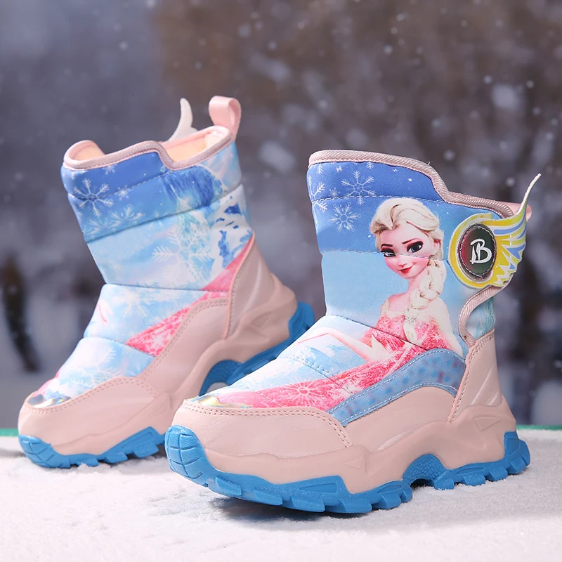 Sepatu Anak-anak Musim Dingin Putri Disney Elsa Sepatu Anak Perempuan Anti-selip Kain Mewah Sepatu Bot Salju Sol Karet Sepatu Bot Luar Ruangan Hangat Modis