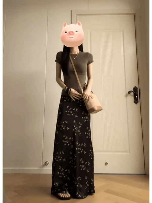 

Floral A-Line Midi Skirt Women's Slim Fit High Waist Summer 2025 Ele Sle Long Skirt Casual Chic f-length Skirt